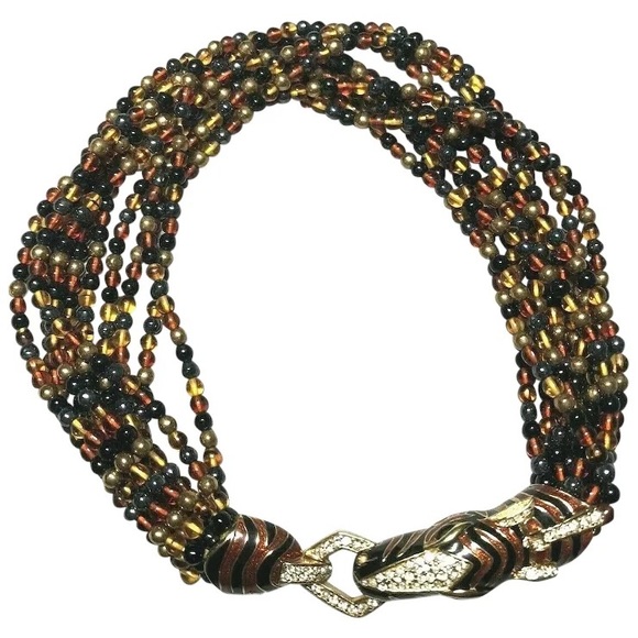 Vintage Signed CINER Enameled Zebra Torsade eight Strand Glass Bead Necklace - Picture 5 of 9